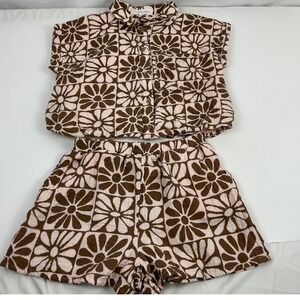 Grayson Threads Kids Girls Brown Floral Print Button Up Shirt & Shorts Set